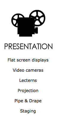 tv's, video camera, lectern, lecturn, projector, drape, stage
